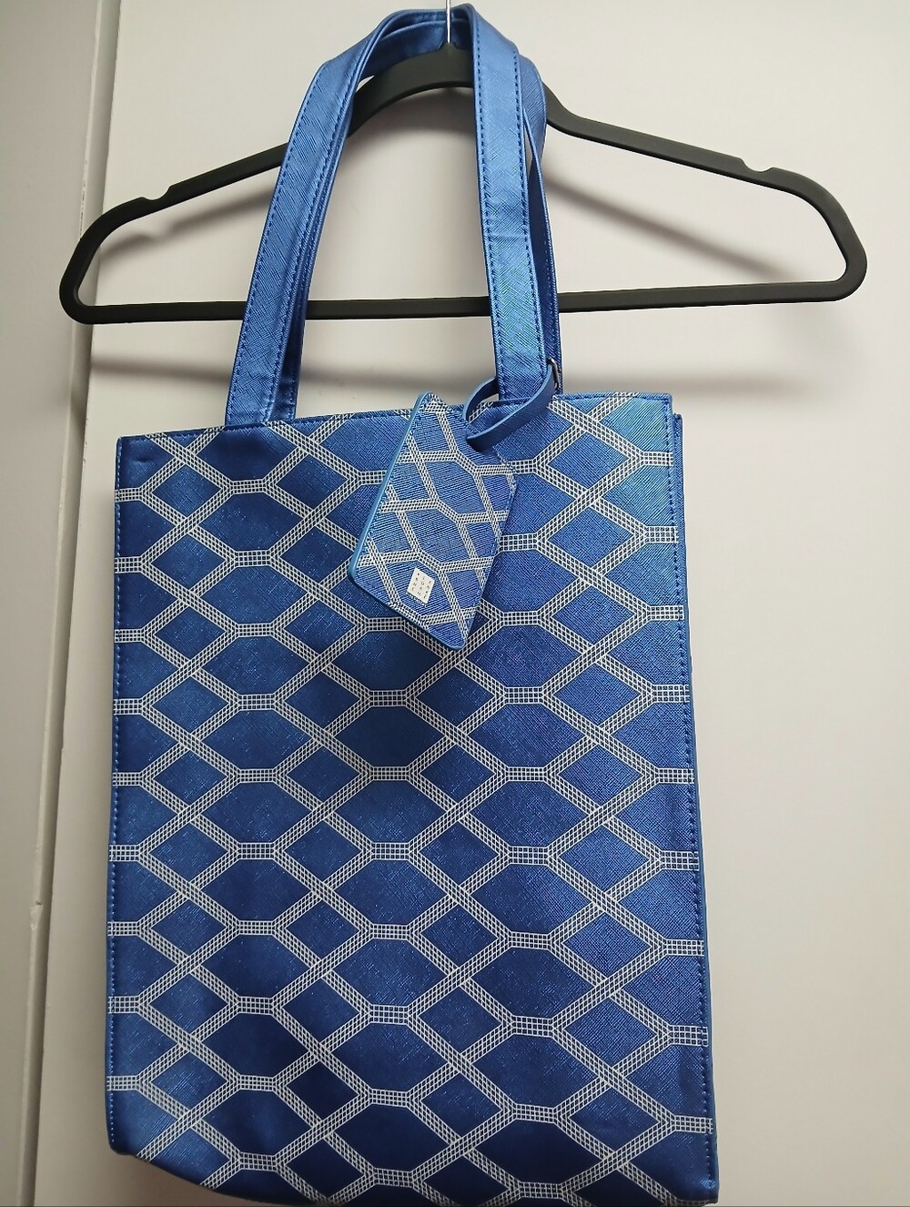 Le BON MARCHE Blue Geometric Tote Bag W/ Luggage Tag, Silver Accents